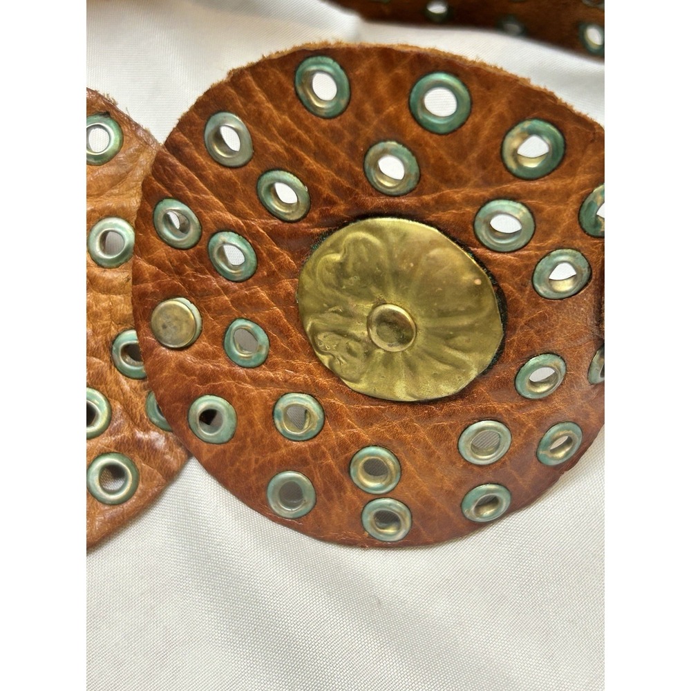 VTG Authentic 60s Morocco Brass Leather Wide Disc Boho Hippie Concho Belt 40" - Picture 3 of 5
